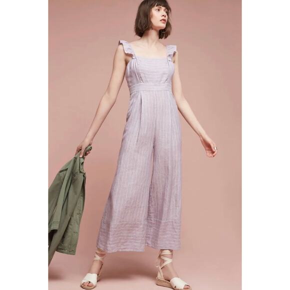 Anthropologie Nantucket Ruffled Jumpsuit Elevenses Size 8 Stripe Pink Lavender - Picture 2 of 16